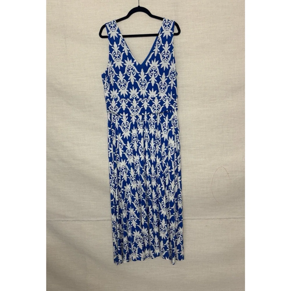 Boden Dress 16 18 Blue Floral Maxi Long Aline Vneck Sleeveless Stretch Jersey